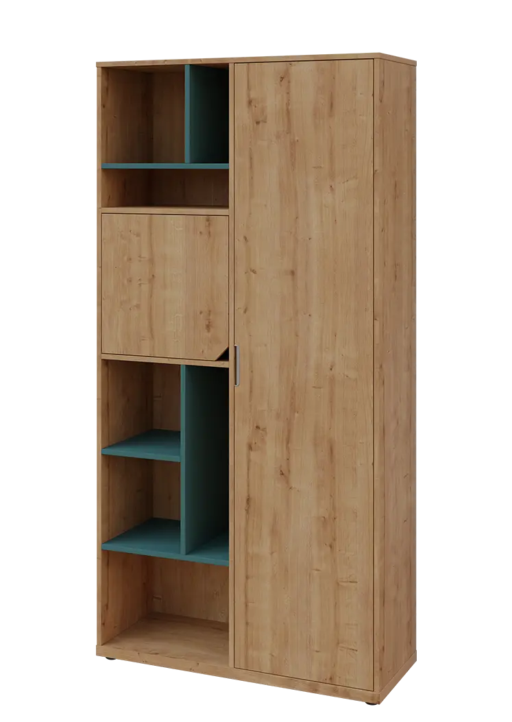 KSR6-83 P skříň šatní, 1x výsuvné ramínko, dvířka, niky, 2053x1022x400 mm, provedení pravé, korpus a dvířka dub lite/police světle petrolejová